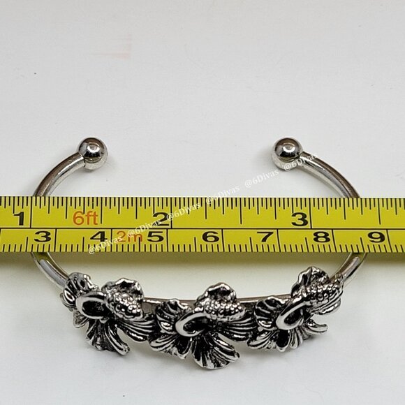 RHODIUM Cuff Bracelet Hibiscus Flowers Antique Rhodium Plating - Picture 9 of 11